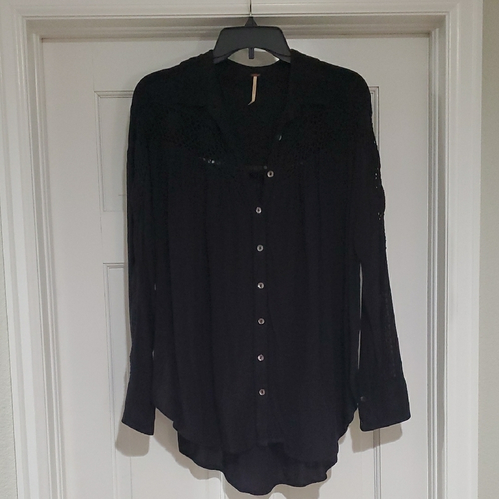 Free People Black Crochet Long Sleeve Button-Up Womens oversized sz m